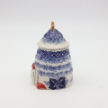 Ceramic container Gnome Christmas tree with lid A523 D108 – hand-painted Bolesławiec pottery in the shape of a gnome and Christmas tree, decorative and practical for storage.