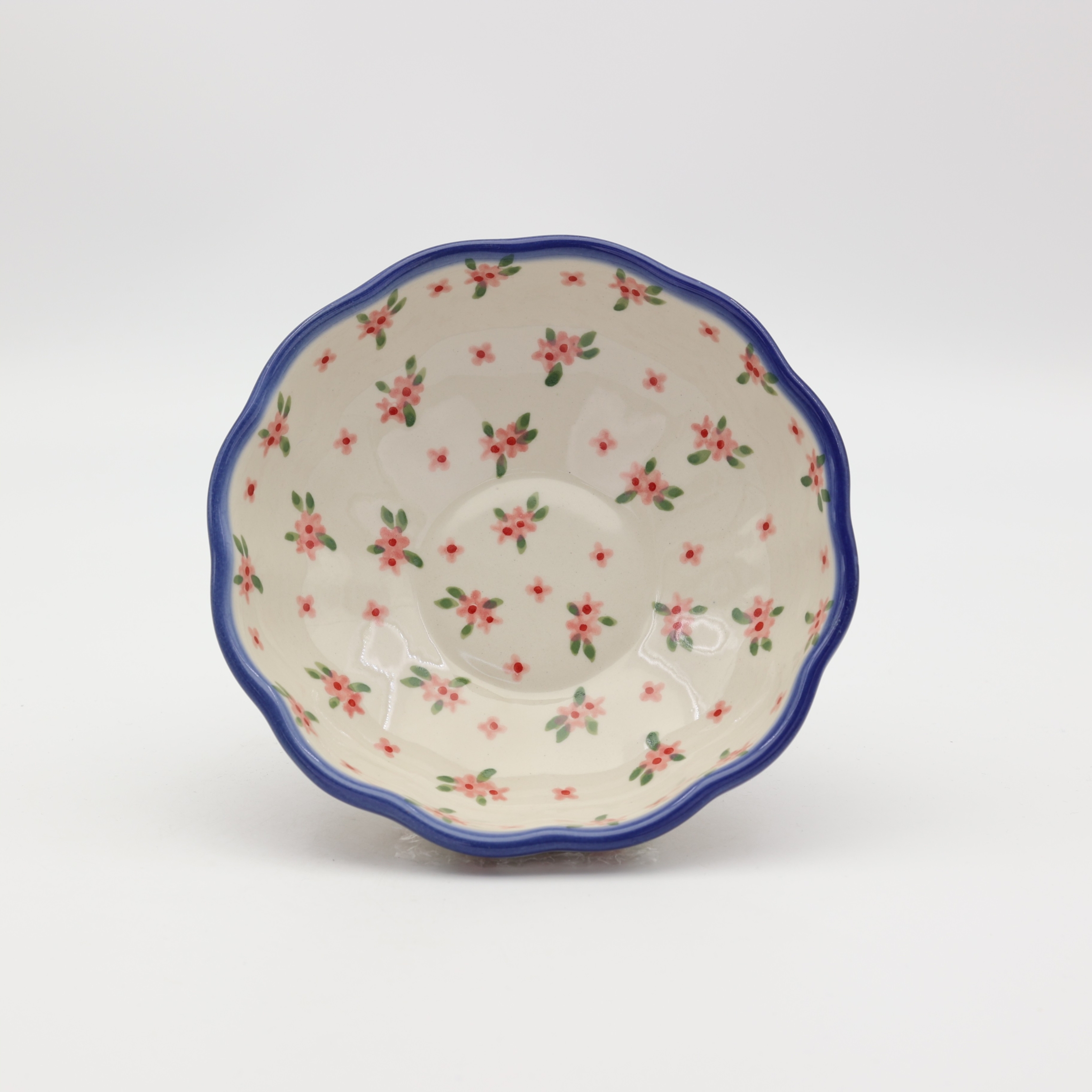 Flower bowl I A266 D141 – hand-painted Bolesławiec pottery in a decorative flower shape with a traditional blue pattern, perfect for desserts, fruits, and snacks.