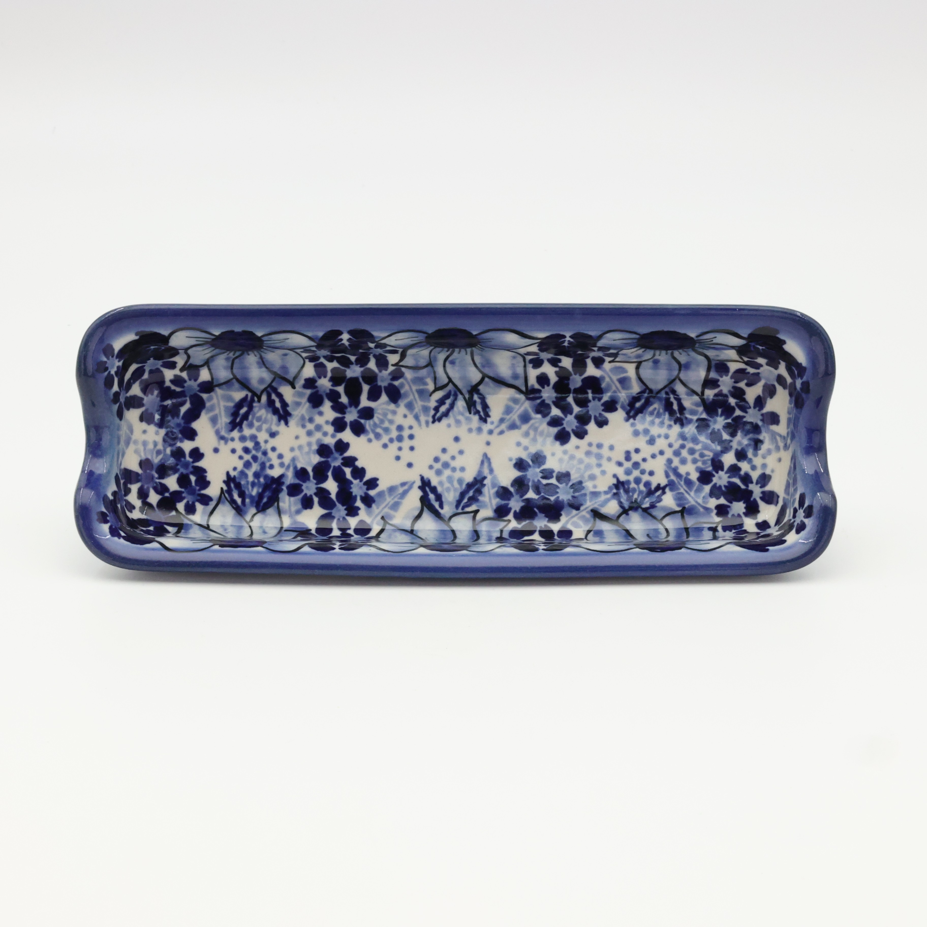 Corn tray A407 D118 – hand-painted Bolesławiec pottery in a traditional pattern, perfect for serving corn, vegetables, and snacks.